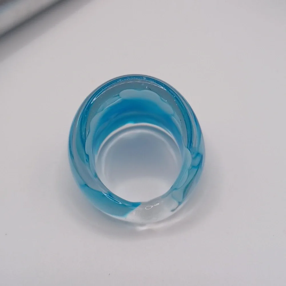 Clear Glass Art Ring With Blue Floral Design Sz 8.5